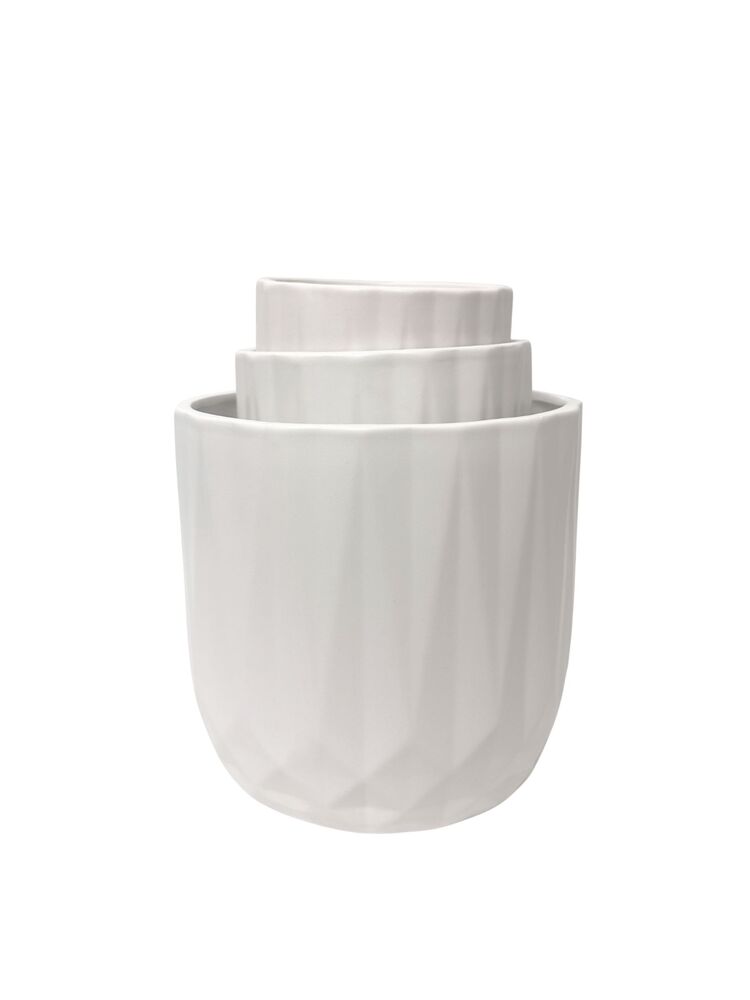 3-Piece Set White Round Ceramic Vase w/ Embossed Diamond Spike Pattern 8W x 7.5H 6W x 6H 5W x 5H -- 4 Per Case