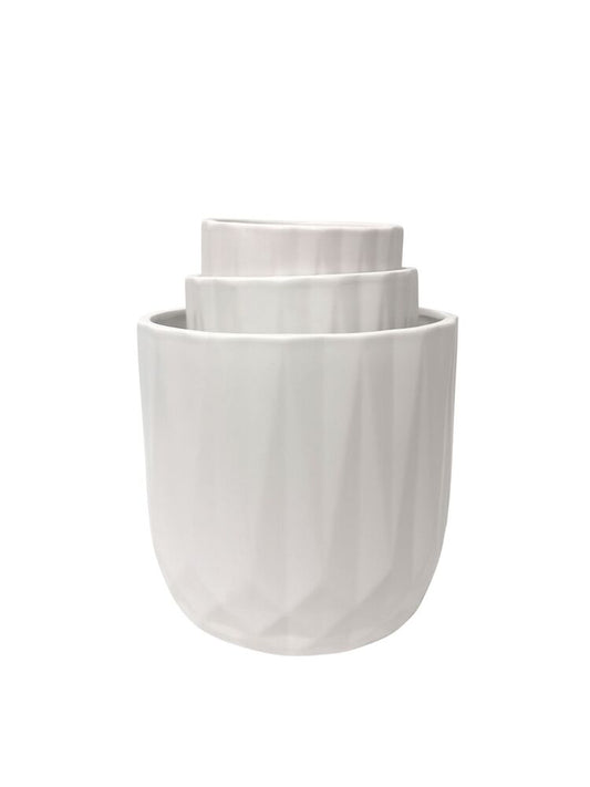 3-Piece Set White Round Ceramic Vase w/ Embossed Diamond Spike Pattern 8W x 7.5H 6W x 6H 5W x 5H -- 4 Per Case