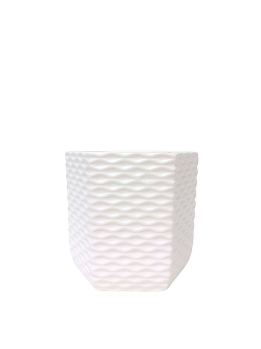 5 Inch White Hexagon Ceramic Vase w/ Wave Design 5W x 5H -- 24 Per Case
