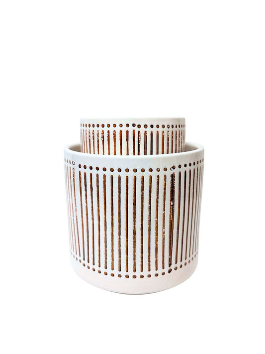 2-Piece Set White Round Ceramic Vase w/ Ribbed Pattern  8W x 7H 6W x6.5H -- 2 Per Case