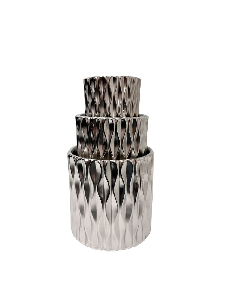 3-Piece Set Silver Round Ceramic Vase w/ Embossed Wave Design 7"W x6.75"H; 5.5"W x 5.5"H; 4.25"W x 4.25"H -- 4 Per Case